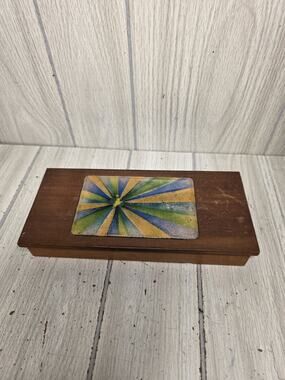 Vintage Bovano Enamel Wood Jewelry Box Mid Century Modern Trinket Case Box 10"